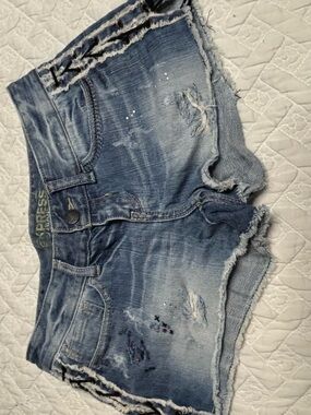 Express Light Blue Denim Shorts with Gold Logo